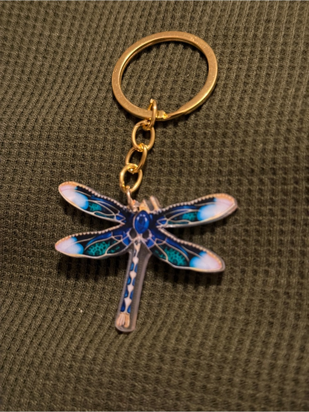 Gold Dragonfly Keychain with Blue Accent Charm